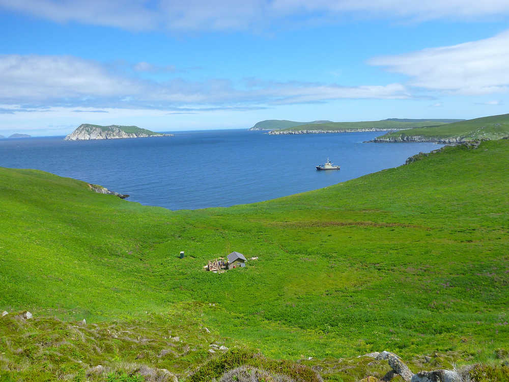 The Tiglax at the Chowiot Island field camp, on a spectacular Aleutian afternoon. (E. Bella/Refuge)