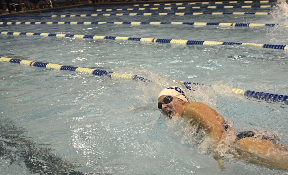 Photo by Rashah McChesney/Peninsula Clarion  In this September 27, 2013 file photo Soldotna high school's Alex Weeks competes during the women's 50 meter freestyle in Soldotna, Alaska.