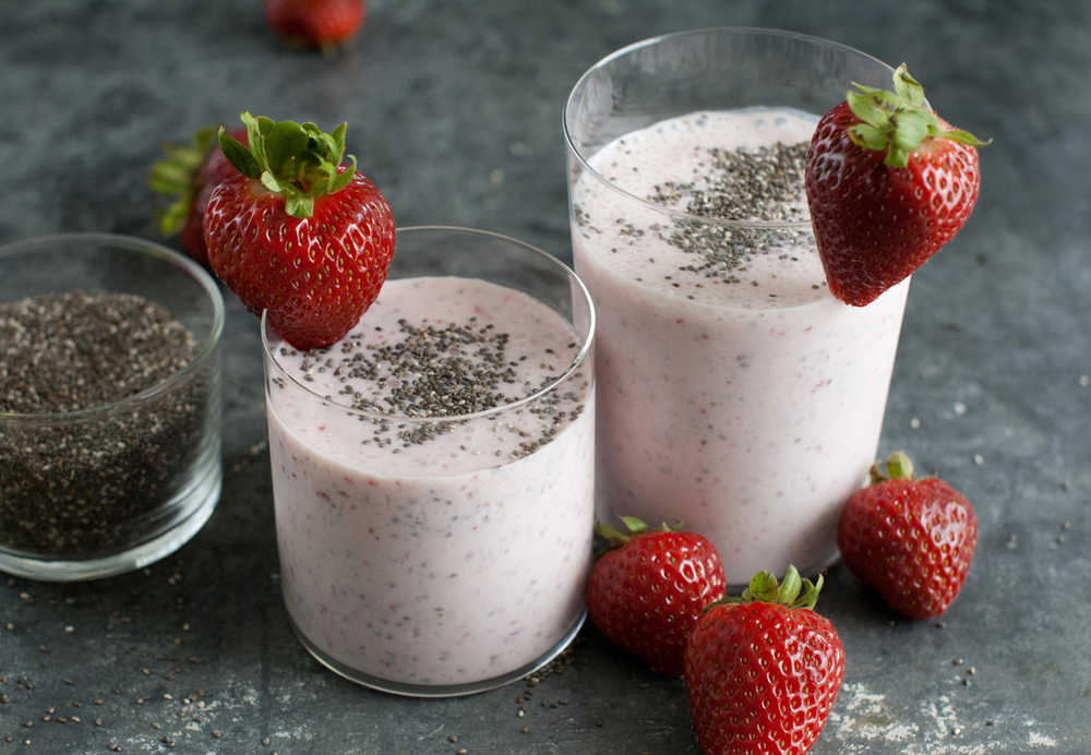 This July 21, 2014 photo shows strawberry banana chia breakfast smoothie in Concord, N.H. A tiny tablespoon of chia sees crams in tons of protein, fiber, healthy fats, calcium, iron, manganese, phosphorus, and omega fatty acids. (AP Photo/Matthew Mead)