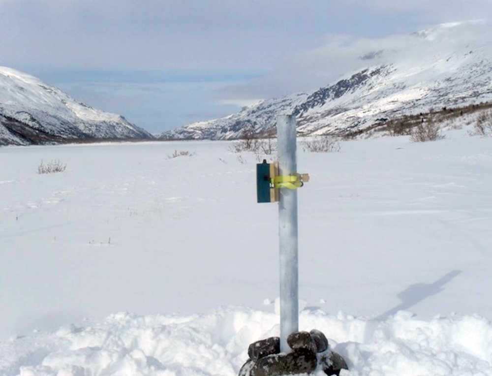 A sound recorder stationed at Glacier Lake, a remote glacial lake in the Kenai Mountains.  This site is among the quietest locations in Kenai National Wildlife Refuge with 97 percent of recordings consisting of natural silence.