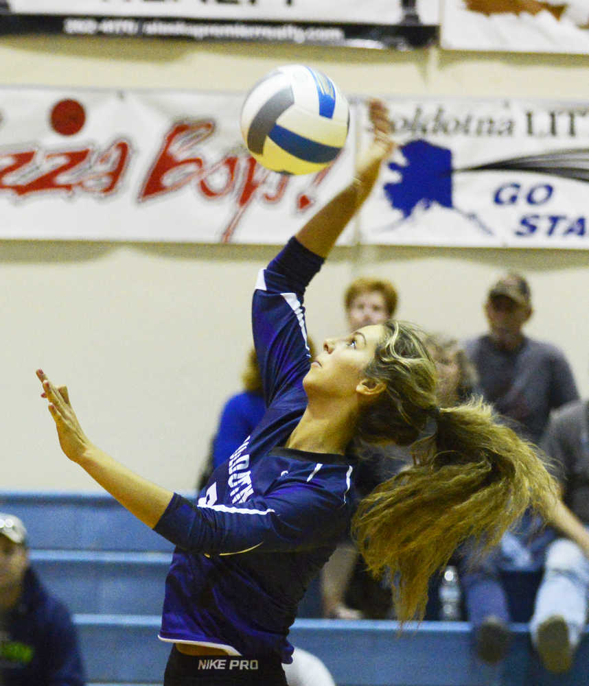 Photo by Kelly Sullivan/ Peninsula Clarion Soldotna Stars' Haley Ramsell spikes the ball during the game against the Palmer Moose Friday, September 25, 2014, at Soldotna High School, in Soldotna, Alaska.