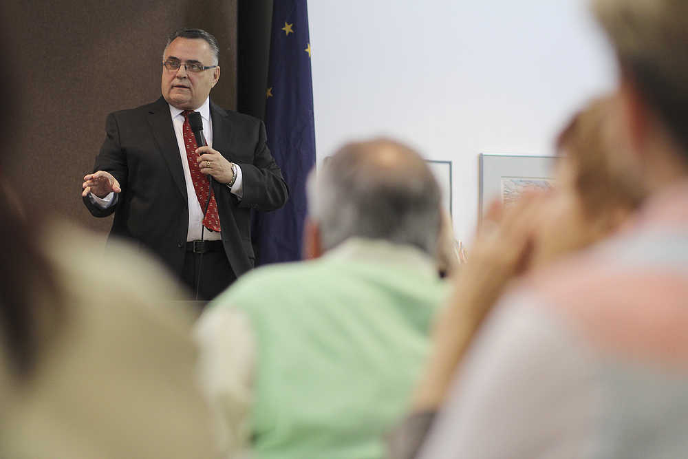 Photo by Rashah McChesney/Peninsula Clarion Kenai Peninsula Borough mayoral candidate Tom Bearup answers a question during a forum hosted by the joint Kenai and Soldotna chambers of commerce luncheon Wednesday September 3, 2014 in Kenai, Alaska.