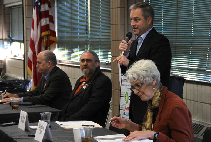 Photo by Kaylee Osowski/Peninsula Clarion  From right Carolyn Clift, libertarian; Gov. Sean Parnell, Republican; J.R. Myers, Alaska Constitution; and Bill Walker, independent, participate in a gubernatorial forum at the Soldotna Regional Sports Complex on Wednesday.