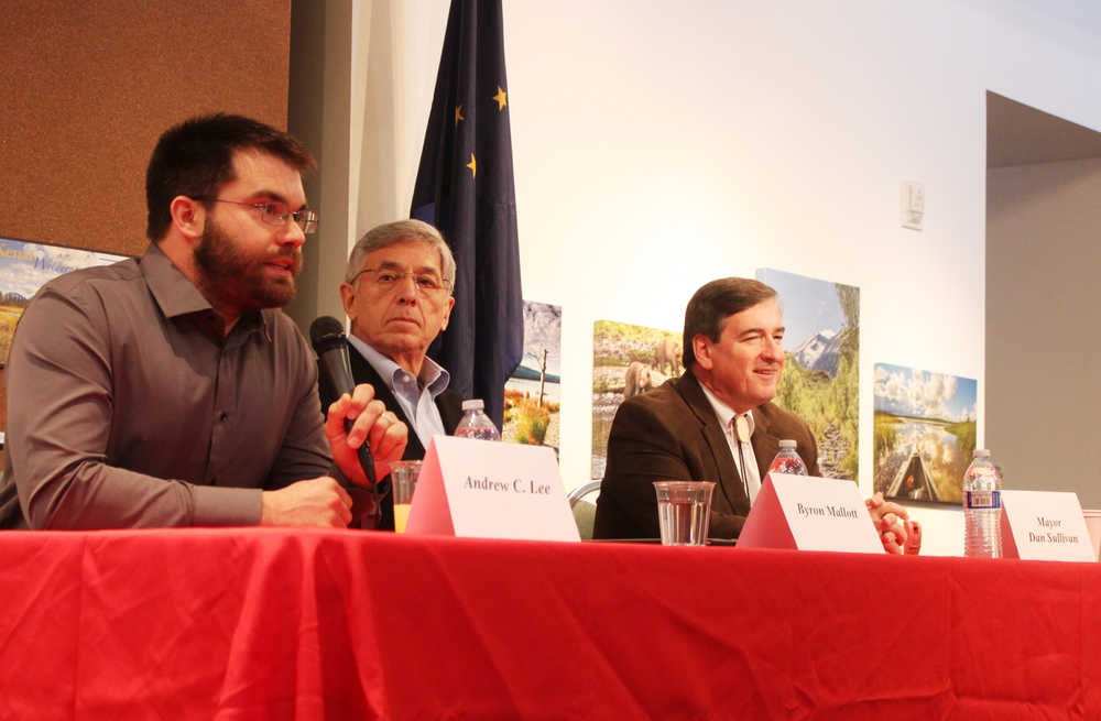 Photo by Kelly Sullivan/ Peninsula Clarion Andrew Lee, Byron Mallott and Dan Sullivan Lieutenant Governor of Alaska spoke at a community forum Tuesday, October 14, 2014, Kenai Visitor and Cultural Center in Kenai, Alaska.