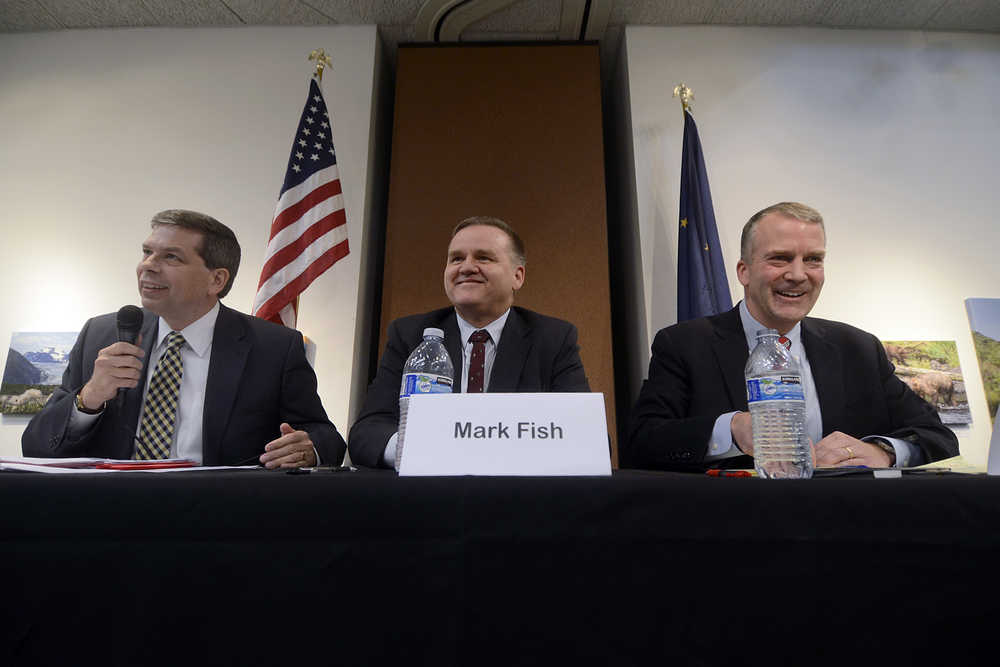 Photo by Rashah McChesney/Peninsula Clarion Democratic incumbent Sen. Mark Begich, D-Alaska, Libertarian Mark Fish and Republican Dan Sullivan answered a series of questions during a forum hosted by the Kenai and Soldotna chamber of commerce Tuesday October 21, 2014 in Kenai, Alaska.