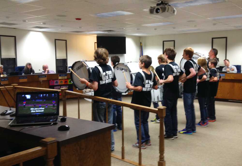 Photo by Kelly Sullivan/ Peninsula Clarion The Skyview Middle School Drumline performed for the Kenai Peninsula Borough Board of Education at their meeting Monday, inside the assembly chambers in the Kenai Peninsula Borough Administrative Building in Soldotna, Alaska.