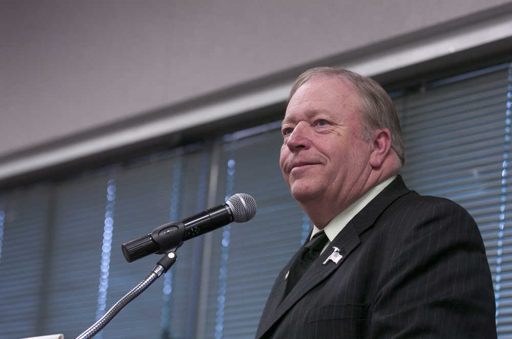 Photo by Rashah McChesney/Peninsula Clarion House Speaker Rep. Mike Chenault, R-Nikiski, talks to a crowd Wednesday May 1 2013 during a combined Kenai and Soldotna Chambers of Commerce Luncheon at the Soldotna Sports Center in Soldotna, Alaska.