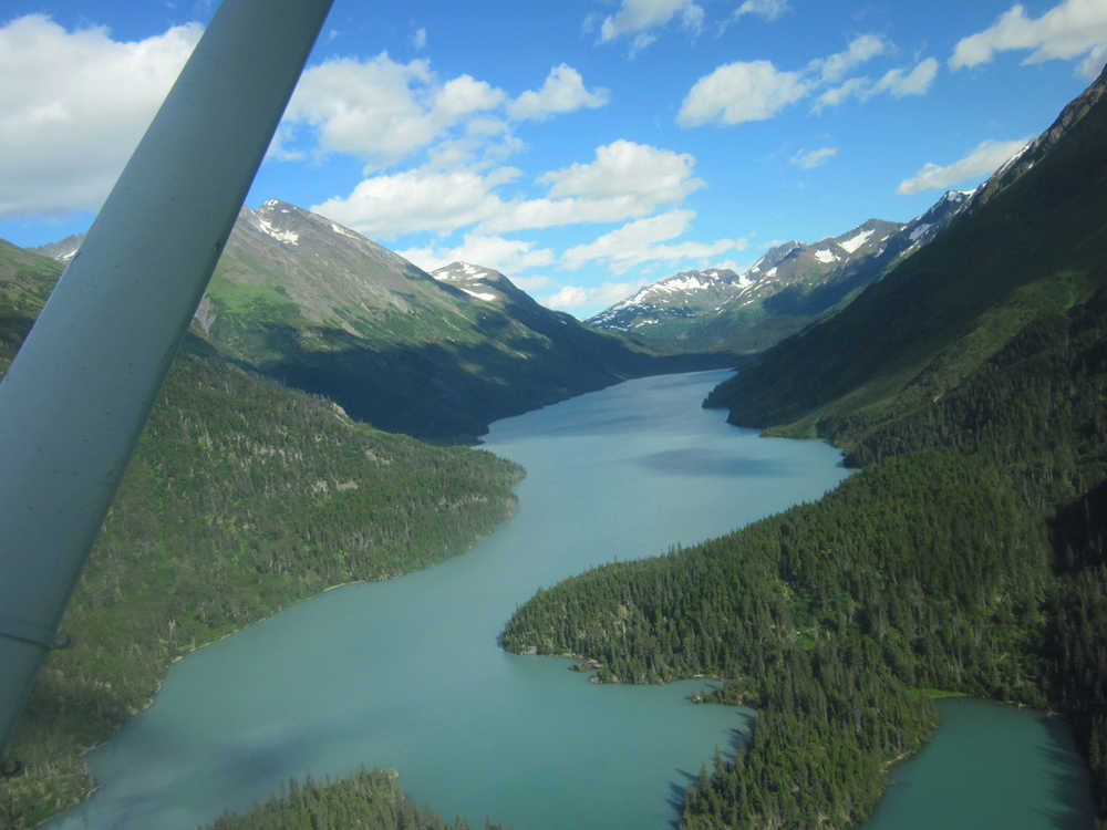 An aerial view of Grant Lake, site of HEA's planned hydroelectric project, in 2013.