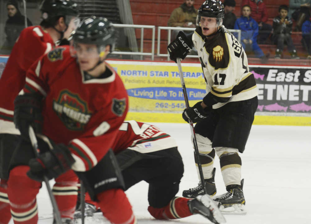 Photo by Kelly Sullivan/ Peninsula Clarion Kenai River Brown Bears' Jack Gessert watches a scramble at the opponents goal Friday, October 24, 2014 at the Soldotna Regional Sports Complex in Soldotna, Alaska.