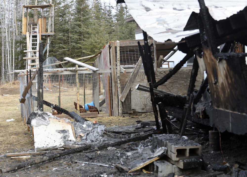 Photo by Dan Balmer/Peninsula Clarion A fire destroyed a trailer home on Rustic Avenue in Soldotna Saturday. The fire is believed to have started in a chicken coop attached to the back of the home. A heating lamp was knocked on a pile of straw and the home was fully engulfed in flames when firefighters arrived.