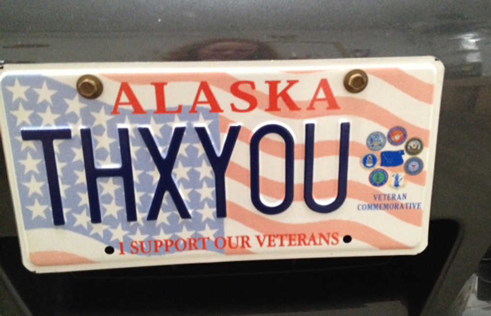 Brandi Peterson, manager of Alaska Industrial Hardware in kenai, has this message for veterans on her license plate: Alaska thanks you. (Submitted photo)