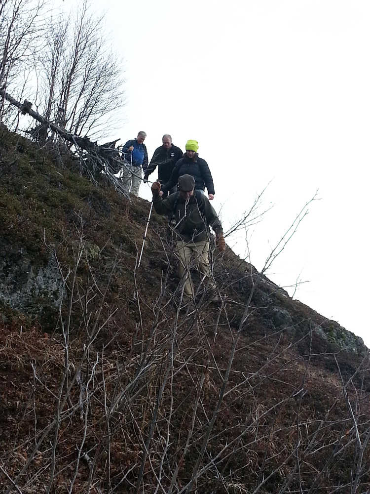 Photo by Dan Balmer/Peninsula Clarion Members of the Kenai Peninsula Outdoors Club traverse down a hill during a hike on Vista Trial Nov. 22, 2014 off Skilak Lake Road.