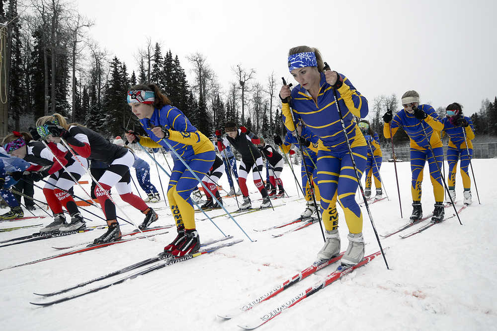 Photo by Rasha McChesney/Peninsula Clarion  Skiers from three Kenai Peninsula High Schools competed Saturday Dec. 6, 2012 during a race at the Tsalteshi Trails in Soldotna, Alaska.