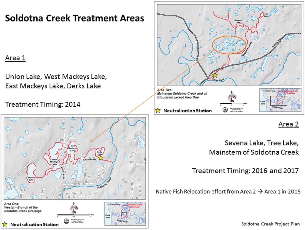 Phased application of rotenone to two treatment areas is part of a multi-year project to eradicate northern pike from the Soldotna Creek drainage.
