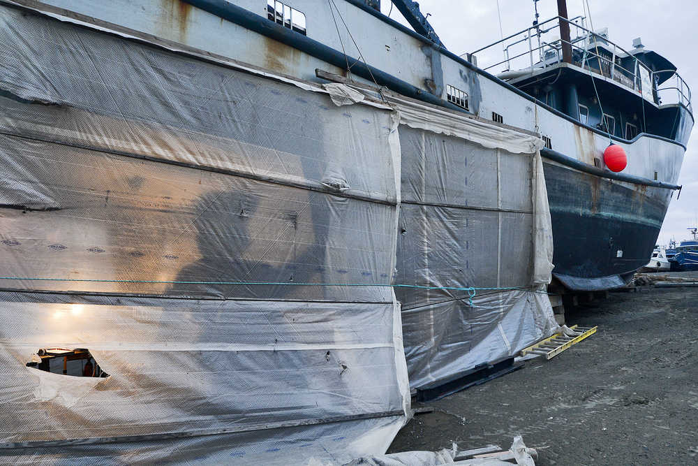 Photo by Rashah McChesney/Peninsula Clarion Eric Thomason, of Kenai, works on one of Snug Harbor Seafoods owner Paul Dale's boats on Tuesday Jan. 13, 2014 in Kenai, Alaska.