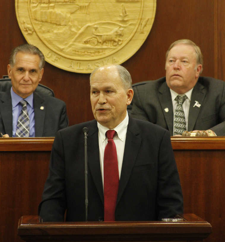 Alaska Gov. Bill Walker gives his first State of the State address Wednesday, Jan. 21, 2015, in Juneau, Alaska. Walker called on Alaskans to pull together, and not panic, as the state faces multibillion-dollar budget deficits amid a fall in oil prices. (AP Photo/Mark Thiessen)