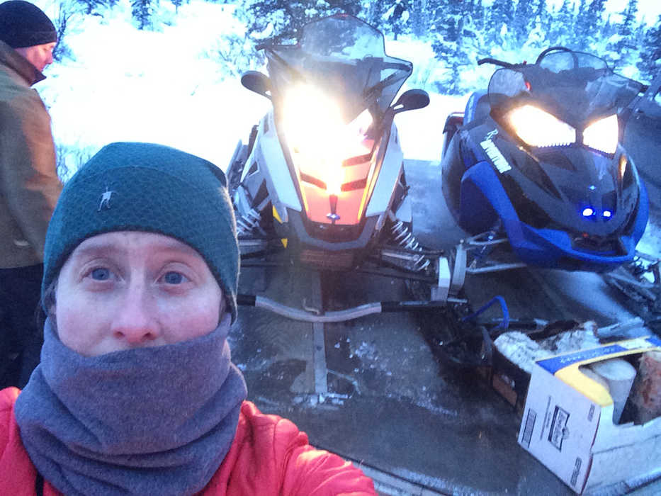 In this photo, Beth Ipsen takes a selfie showing her clothing and snowmobiles before heading out in the wilderness near Cantwell, Alaska. Alaska State Troopers are suggesting outdoor trekkers take a "selfie" right before heading out into the backcountry as a way to account for their whereabouts. (AP  Photo/Alaska Dispatch News, Beth Ipsen)