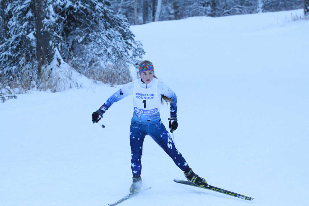 Photo by Caitlin Skvorc/Mat-Su Valley Frontierman Soldotna's Sadie Fox cruises to victory Saturday in the girls 5K freestyle Saturday at the Colony Invitational at Government Peak.