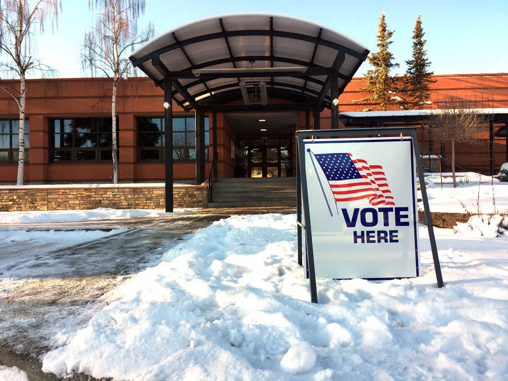 A sign notifies the public of the special election at Soldotna City Hall on Tuesday, Feb. 3