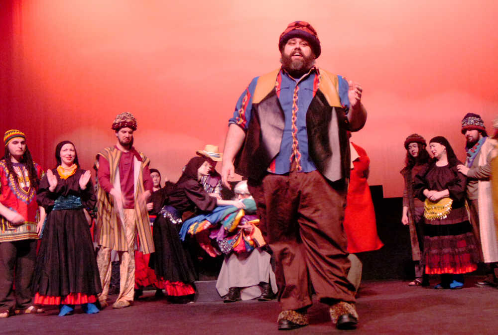 Ben Boettger/Peninsula Clarion Ian McEwan sings as Levi in a dress rehearsal for "Joseph and the Amazing Technicolor Dreamcoat" at the Kenai Central High School auditorium on Tuesday, Feb. 17.