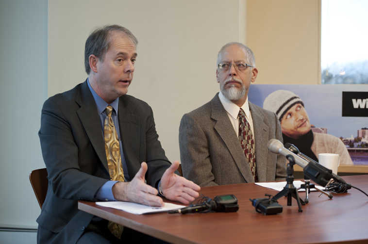 From left, Coalition for Responsible Cannabis Legislation spokesman Bruce Shulte and initiative co-sponsor Dr. Tim Hinterberger discuss the legalization of marijuana as the new law took effect in Alaska, Tuesday, Feb. 24, 2015.  The pair held a press conference in Anchorage noting among other items, that the neither had heard of any rallies or arrests in the new law's first hours. (AP Photo/Michael Dinneen)