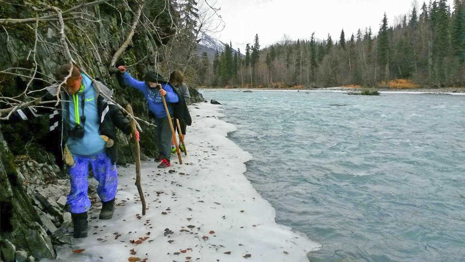 Photo courtesy Robert Hughes Geraldine Hughes, Michael Hughes and a family friend hike along the Kenai River on Sunday Feb. 22, 2015 in the Kenai National Wildlife Refuge. The Hughes family encountered a bear during a recent hike and said it followed them back to their vehicle, despite several warning shots that were fired at it. Wildlife managers said bears can be out in any month of the year, but hikers should be especially careful to be aware of wildlife activity, given the unseasonably warm temperatures.