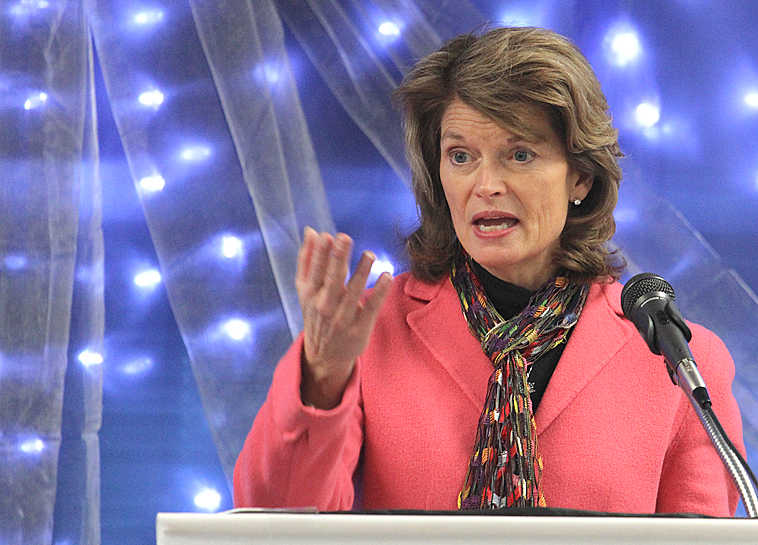 Photo by Brian Smith Sen. Lisa Murkowski, R-Alaska, talks at the Soldotna Sports Center on Friday. The Senator spoke about a wide array of issues from federal budget and spending issues to Cook Inlet gas and exploration.