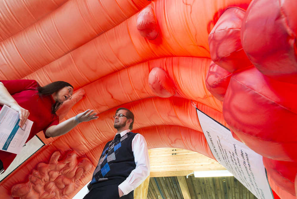 Deb Nyquist, Wellness Director at the Dena'ina Wellness Center, and Youth Services Clinician Fridrick Gudmundsson stand under "Nolan the Colon" as they talk Monday about the importance of colorectal cancer screenings for adults. "Forty is the new fifty," Nyquist said about the need for Alaska Native people to be screened earlier than once thought, as they have colorectal cancer rates twice as high as rates seen in Caucasian people. Health educators from Southcentral Foundation brought the educational display to the Dena'ina Wellness Center to help raise awareness of the importance of regular screenings and a healthy diet. (M. Scott Moon/Kenaitze Indian Tribe)