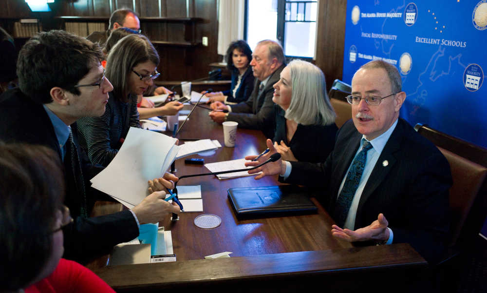 Members of the House Majority Caucus speak to reporters during a press availability on Thursday Feb. 26, 2015. From right are Rep. Mike Hawker, R-Anchorage, Rep. Cathy Muñoz, R-Juneau, Speaker of the House Mike Chenault, R-Nikiski, and Rep. Cathy Tilton, R-Wasilla.