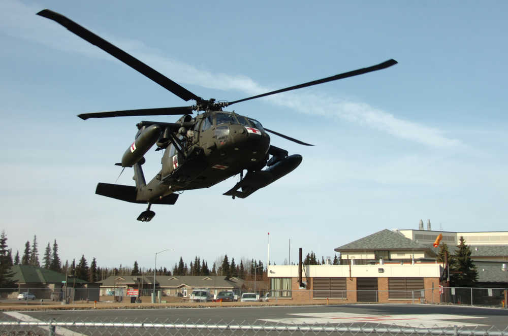 Ben Boettger/Peninsula Clarion A National Guard Pave Hawk helicopter lands at Central Peninsula Hospital during a disaster preparedness exercise on Friday, March 20.