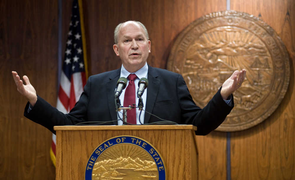 Gov. Bill Walker address members of the media during a news conference at the Capitol in Juneau, Alaska, on Monday, March 2, 2015.  A bill filed by House leadership would undercut Walker's plan to expand the scope of the in-state natural gas pipeline to be comparable and some say competitive with the North Slope producer-backed pipeline.  (AP Photo/The Juneau Empire, Michael Penn  )