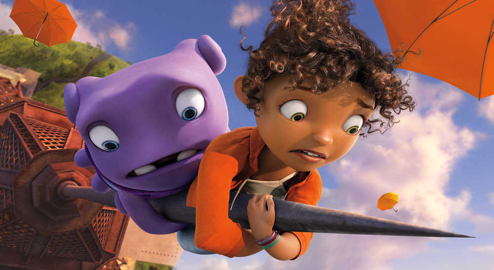 In this image released by DreamWorks Animation, characters Oh, voiced by Jim Parsons, left, and Tip, voiced by Rihanna appear in a scene from the animated film "Home." (AP Photo/DreamWorks Animation)