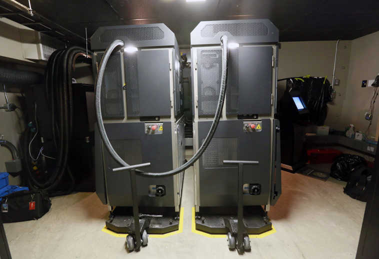 This Tuesday, March 31, 2015 photo shows the Imax laser projector at the TCL Chinese Theater on Hollywood Boulevard in Los Angeles. The Chinese Theatre, one of the largest Imax theaters in the world, is one of more than a dozen locations that Imax expects to outfit with laser projection this year. (AP Photo/Nick Ut)