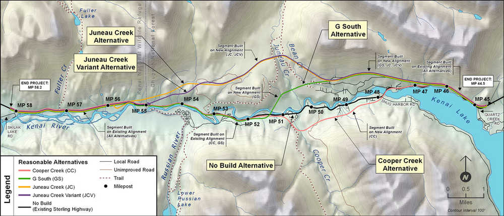 Illustration courtesy Alaska Department of Transportation This map illustrates the routes each of the four Cooper Landing Bypass alternatives would take, along with the existing Sterling Highway route. The project would likely cost between $250 and $304 million with construction beginning in 2018.