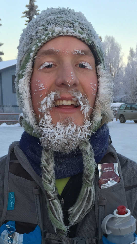 Soldotna's Derek Gibson finishes an early February training run with ice on his face. Gibson finished fourth in the men's Little Su 50-kilometer race on foot.