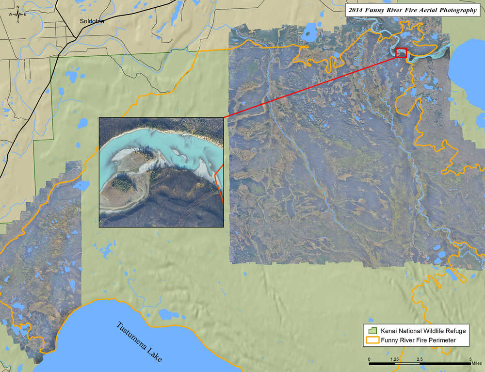 Mosaic of high-resolution aerial photographs of 110,000 acres of the Funny River Fire was captured in less than eight hours of flying. The inset shows the clarity of one segment of the Kenai River. (Image courtesy Kenai National Wildlife Refuge)