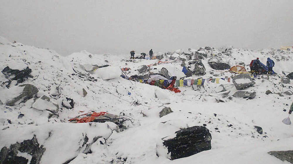 This photo provided by Azim Afif shows the scene after an avalanche triggered by a massive earthquake swept across Everest Base Camp, Nepal on Saturday, April 25, 2015. Afif and his team of four others from the Universiti Teknologi Malaysia (UTM) all survived the avalanche. (Azim Afif via AP)