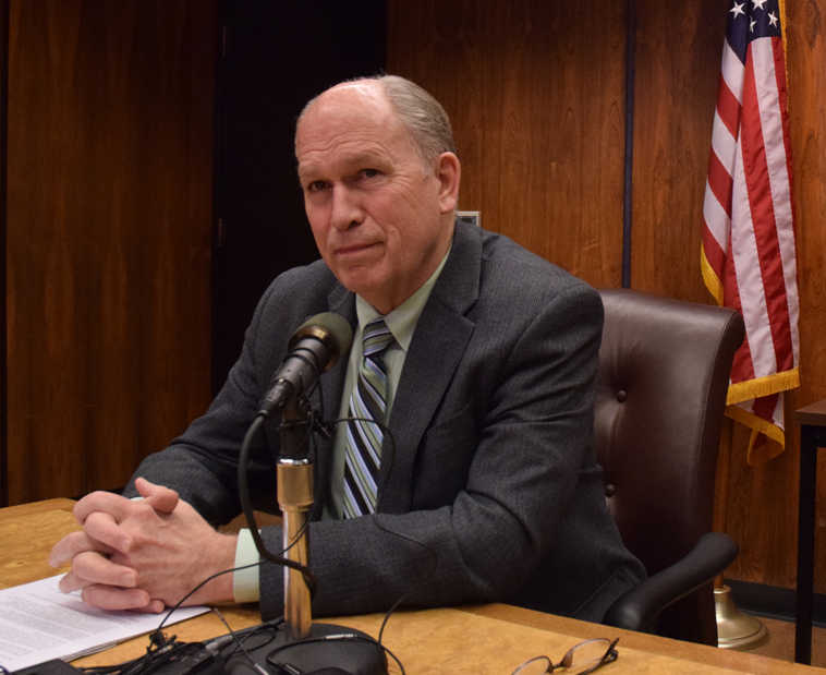 Alaska Gov. Bill Walker speaks with the media on Wednesday, April 29, 2015 in Juneau, Alaska. Walker has declared that he will not allow the Alaska Legislature to recess from special session without completing a budget. (James Brooks/The Juneau Empire via AP) MANDATORY CREDIT