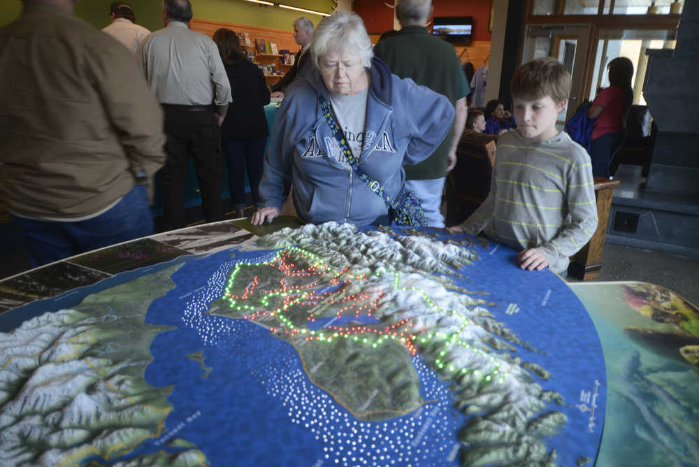 Ben Boettger/Peninsula Clarion A display at the new Kenai Wildlife Refuge Visitor's Center shows the Kenai Peninsula's anadromous streams in red lights and the borders of the Kenai Wildlife Refuge in green, at the Kenai WIldlife Refuge Soldotna headquarters on Friday May 1.