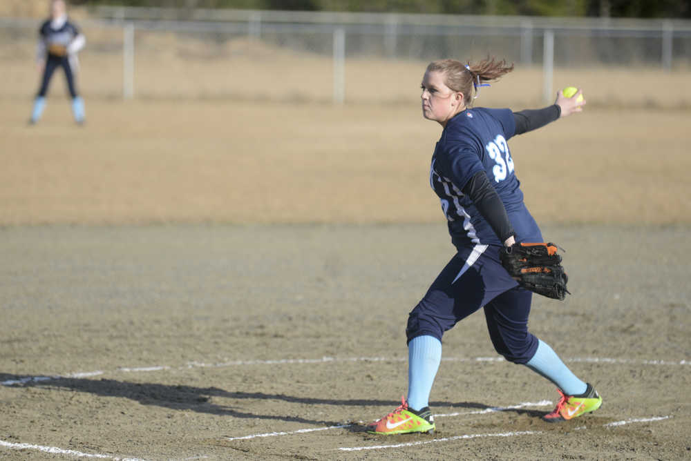 Ben Boettger/Peninsula Clarion Soldotna pitcher Alyssa Corbin pitches against Chugiak during a game on Friday May 1 in Soldotna.