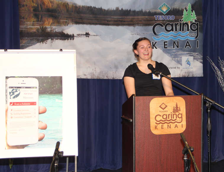 Keira Stroh presents her "Scannin' Salmon' app during the Caring for the Kenai contest. Stroh's project won first place. (Photo by Merrill Sikorski)
