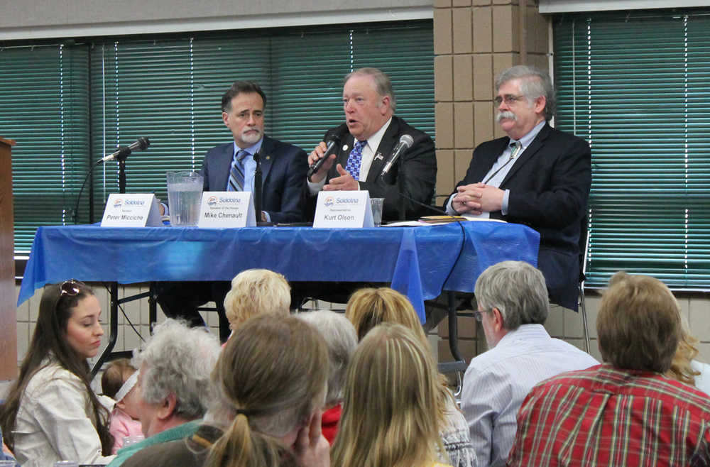 Sen. Peter Micciche, R-Soldotna, Speaker of the House Mike Chenault, R-Nikiski, and Rep. Kurt Olson, R-Soldotna, answer questions during a joint Kenai and Soldotna Chambers of Commerce luncheon Tuesday at the Soldotna Regional Sports Complex. (Photo by Will Morrow/Peninsula Clarion)