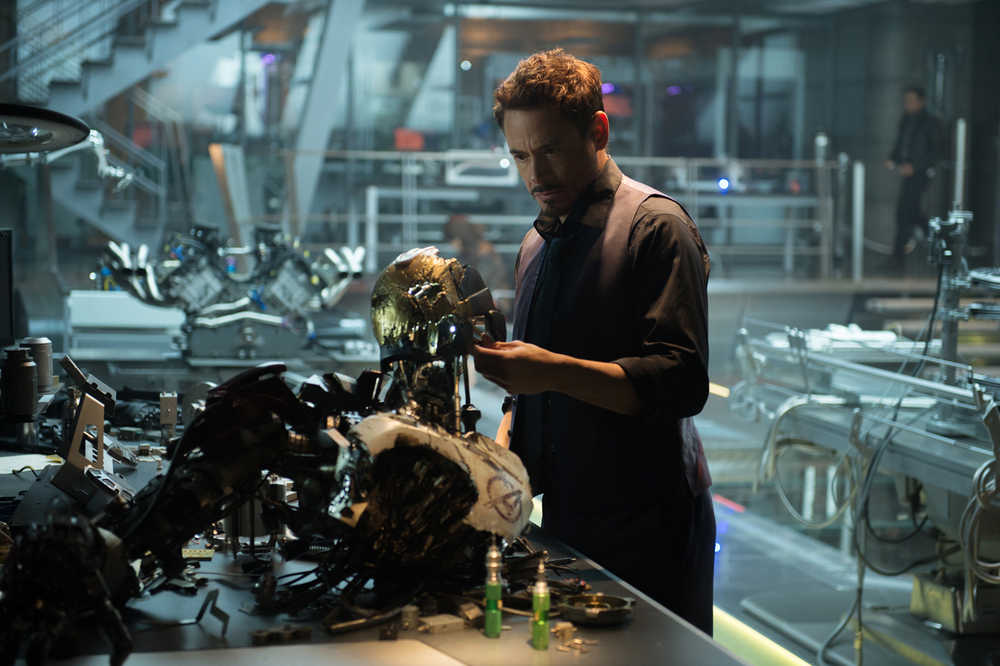 This photo provided by Disney/Marvel shows, Robert Downey Jr. as Iron Man/Tony Stark in the film, "Avengers: Age Of Ultron."  (Jay Maidment/Disney/Marvel via AP)