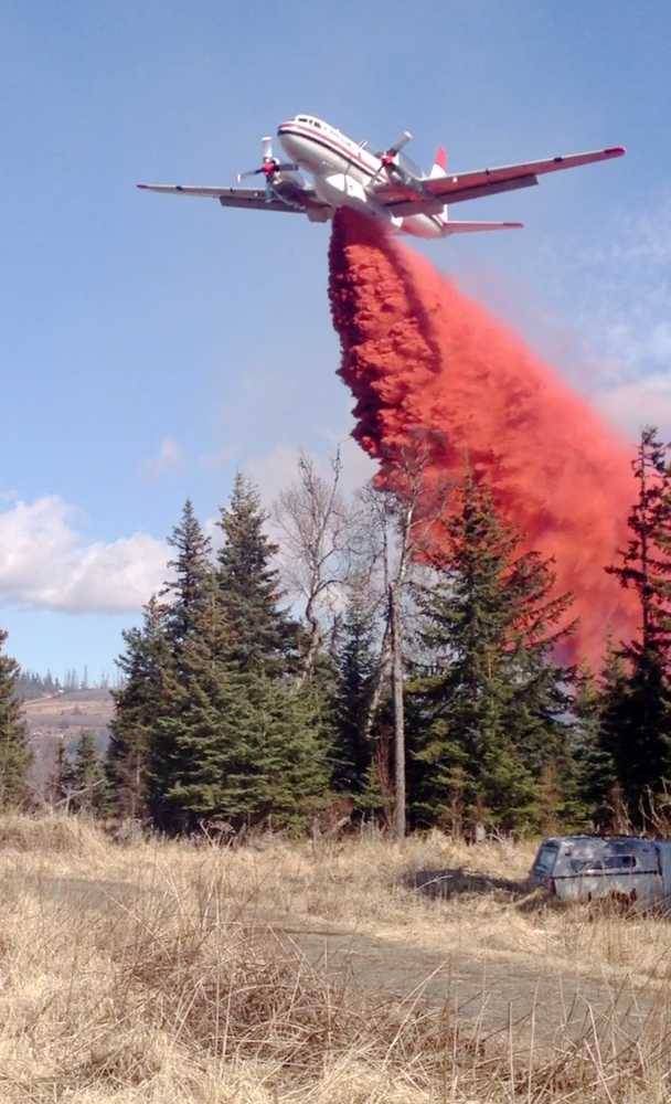 Division of Forestry A Division of Forestry helicopter releases a bucket of water on a five-acre fire on Monday April 4, between Anchor Point and Nikolaevsk.