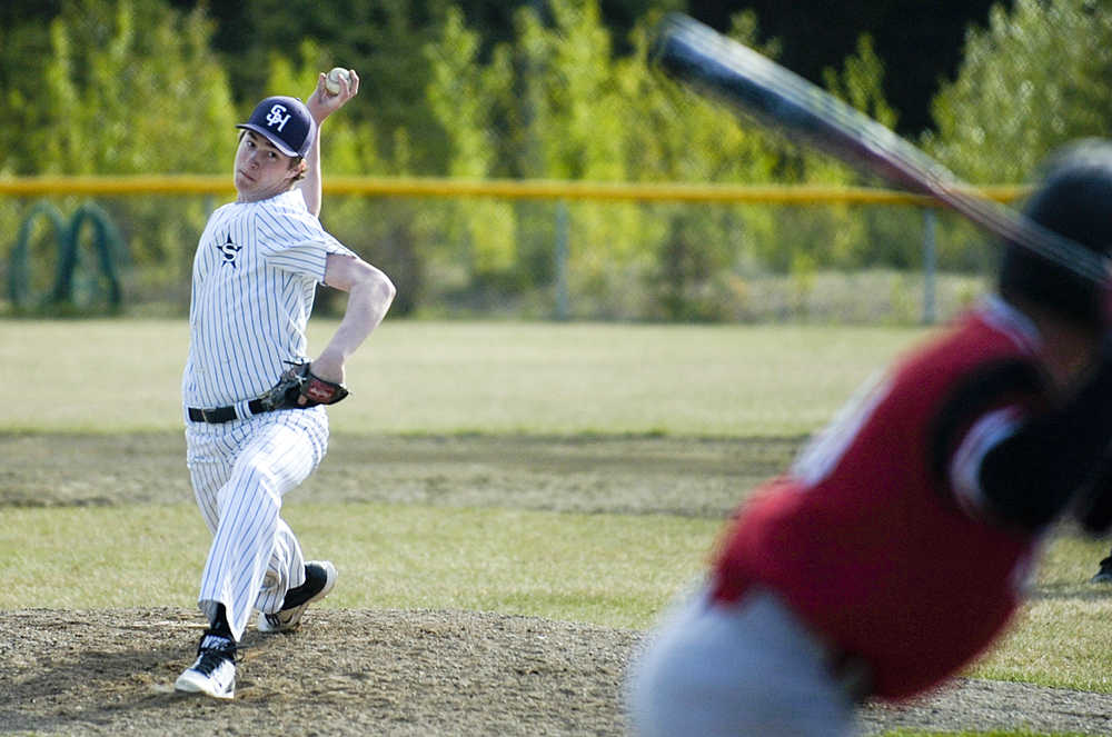 Photo by Rashah McChesney/Peninsula Clarion Soldotna's Mason Prior pitches during a game against Kenai on Friday May 22, 2015 in Soldotna, Alaska.  Soldotna won 5-4.