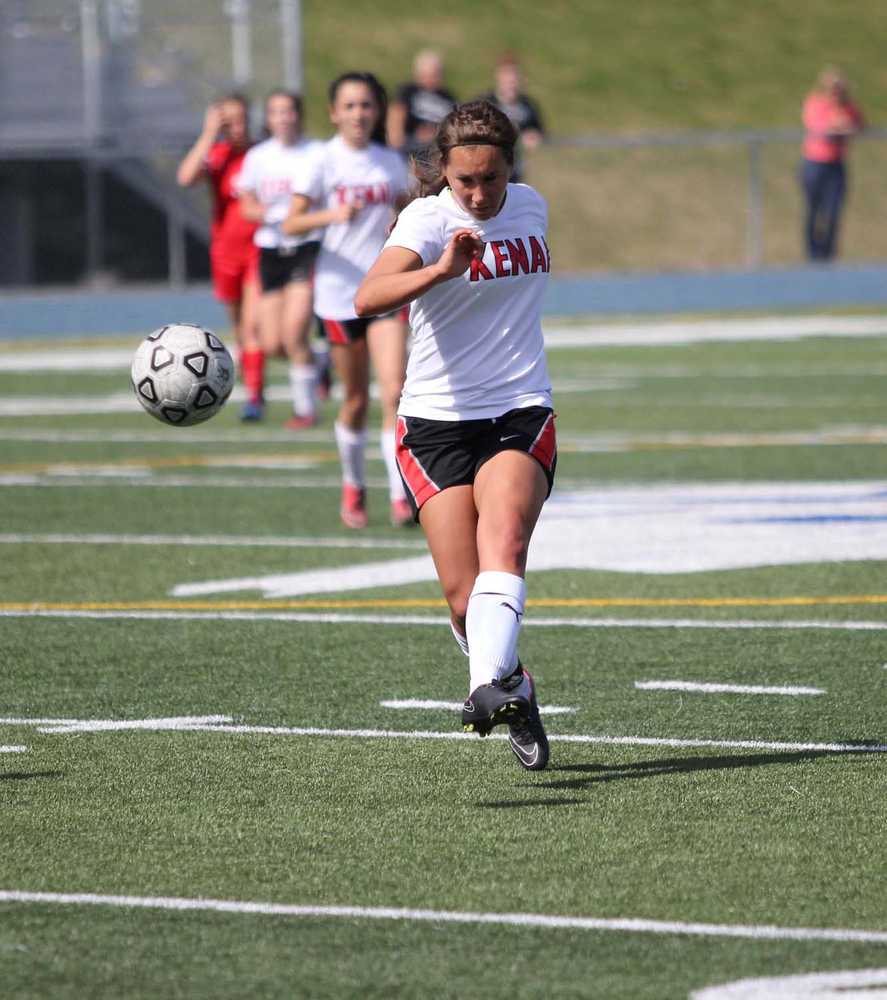 Kenai's Heidi Perkins moves the ball down the filed during a 2-1 overtime win over the Warriors in the Northern Lights Conference semifinals May 22 at Palmer High School. Perkins scored both Kenai goals in the game.