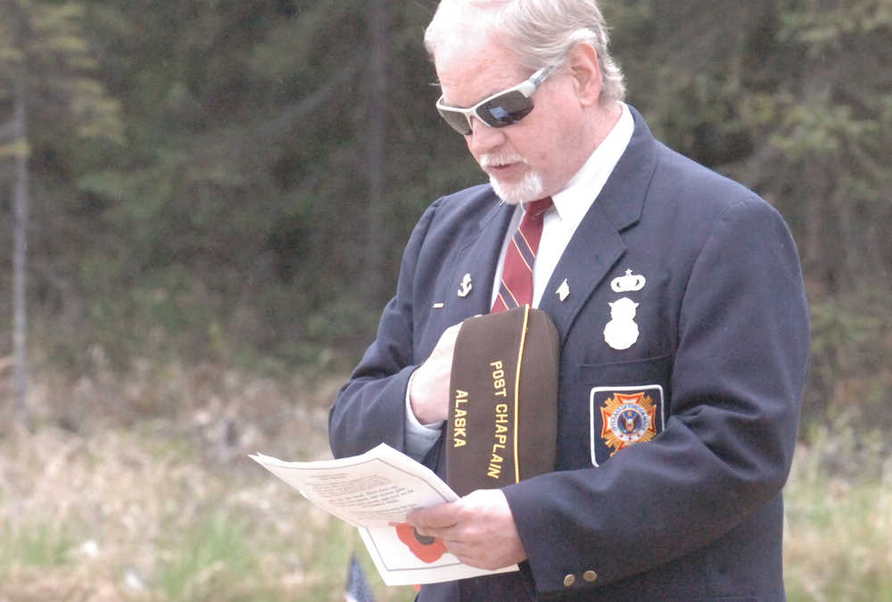 Photo by Kelly Sullivan/ Peninsula Clarion Veterans of Foreign Wars Post 10046 Chaplain Richard Williams speaks at the Soldotna Community Memorial Park in Soldotna during a Memorial Day ceremony.