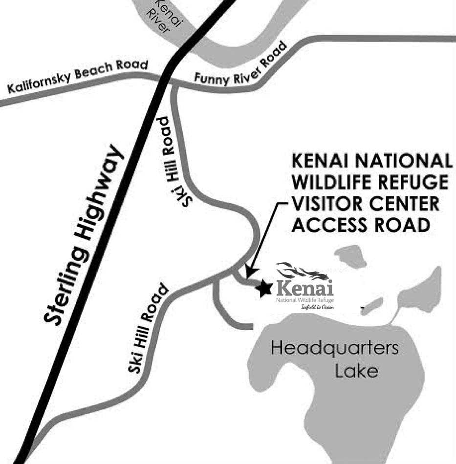 The Kenai National Wildlife Refuge Visitor Center in Soldotna sits at the top of Ski Hill Road.  Access it from the Sterling Highway across from Skyview Middle School or from Funny River Road between the go-cart track and Spenard Builders Supply sign.