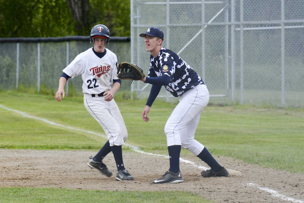 Photo by Rashah McChesney/Peninsula Clarion (NAME) Quelland keeps close to first during the Twins' season opener on Tuesday June 9, 2015 in Kenai Alaska.