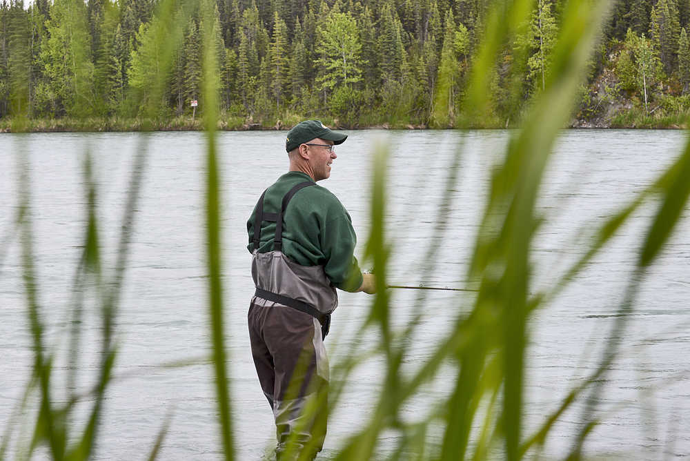 Photo by Rashah McChesney/Peninsula Clarion Tim McCormick, of Soldotna, fishes for sockeye salmon on the Kenai River in a spot off of Keystone Drive on Wednesday June 10, 2015 near Soldotna, Alaska.